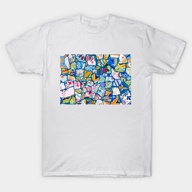 Antoni Gaudi Multi Pattern Print Design with Peacock Blue Background T-Shirt T-Shirt by SemDesigns